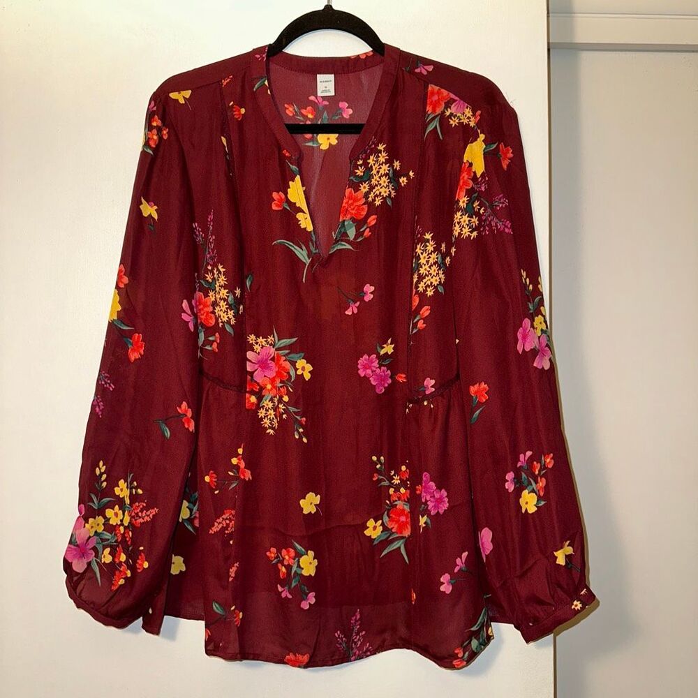 Old Navy Women’s XL Burgundy Long Sleeve V Neck Shirt Yellow Pink Floral EUC